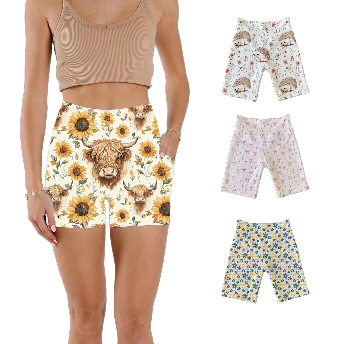 High Waisted Biker Shorts with Pockets for Women, Floral Print Yoga Workout Shorts