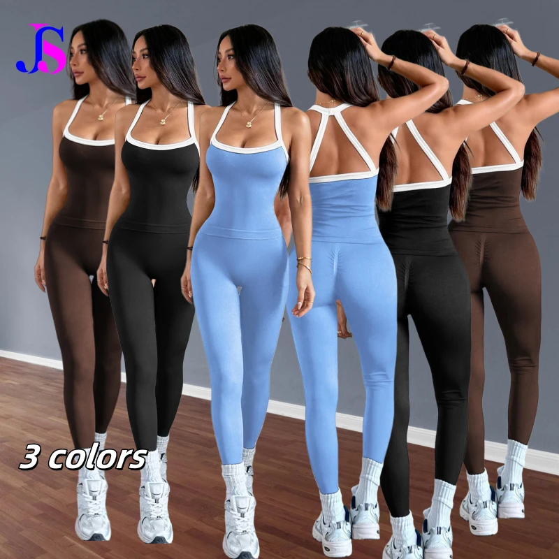 JINSI Color Blocking Camisole Sports Pants Yoga Suit Set Women Bodysuit Sportswear Backless Outdoor Workout Backless Jumpsuit