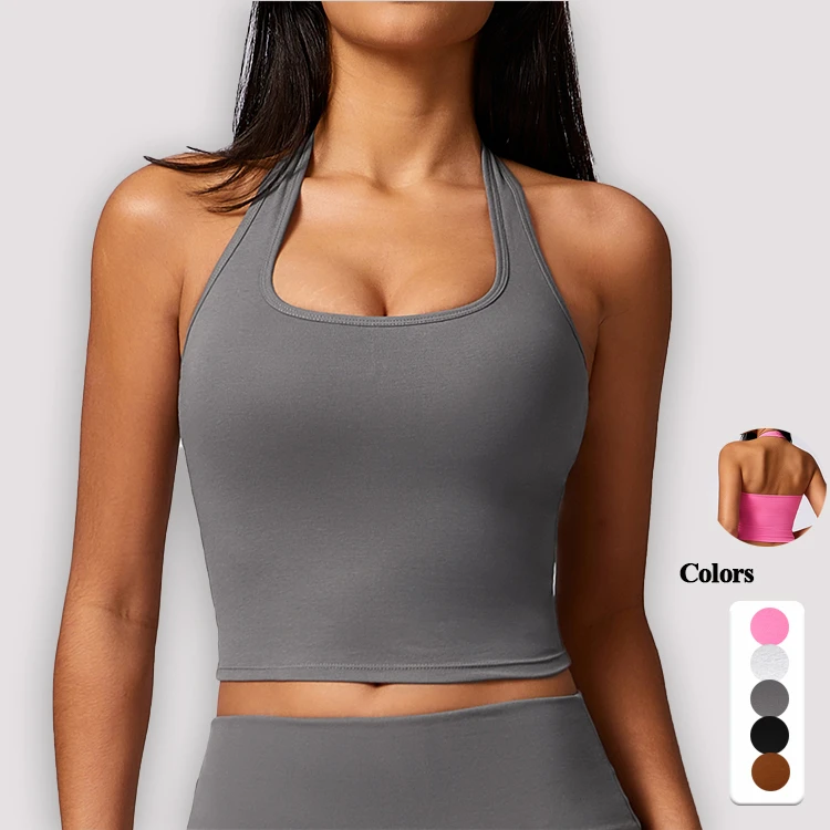 Women's Quick-Drying Breathable Yoga Bra Halterneck Fitness Vest Solid Shockproof Sexy U-Neck Top Soft Slim Fit Halterneck