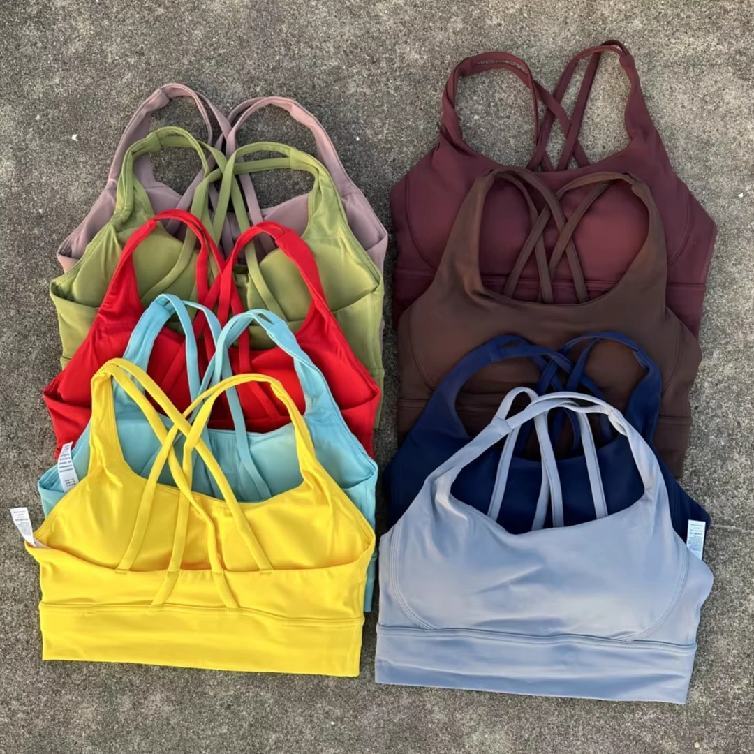 Solid Color High Support Cross Back Straps Underwear Sports Top Shockproof With Chest Pad Women Fitness Sports Bra