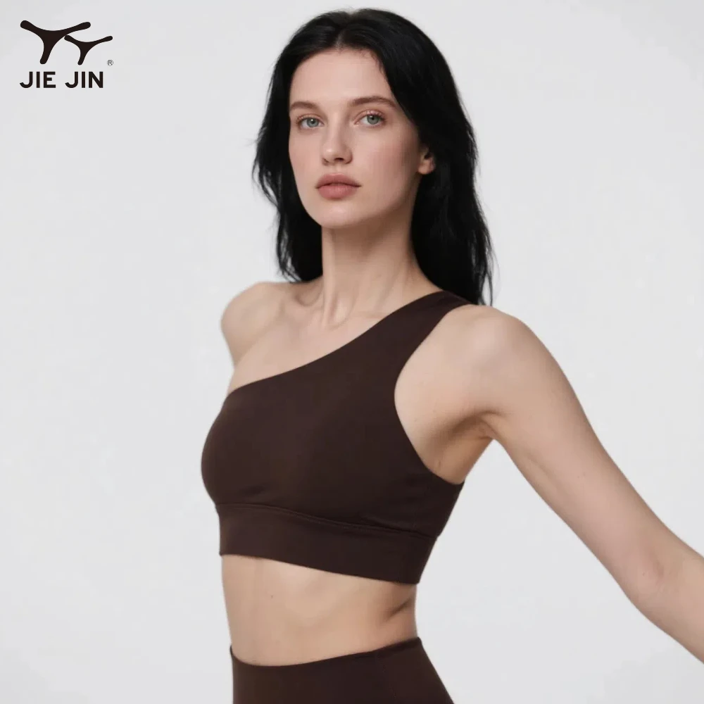 JIEJIN Wholesale Shock Absorber High Support Push up Fixed Padding One Shoulder Yoga Sports Bra for Women