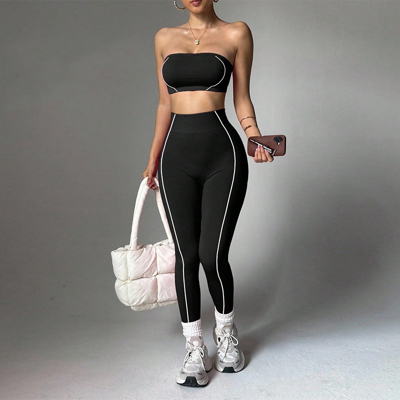 Wholesale Color Block Strapless Two-Piece Yoga Set Peach Hip Breathable Slim Fit Women's Fitness Workout Set