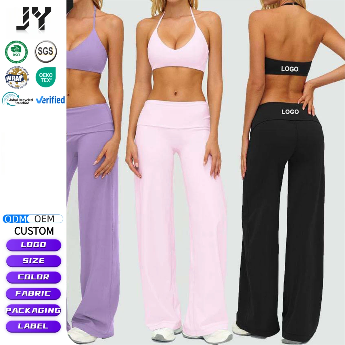 JY Custom High Quality Buttery Soft Yoga Set 2 Piece Brushed Fabric Crop Top Wide Leg Pants Loose Fit Casual Wear OEM Wholesale