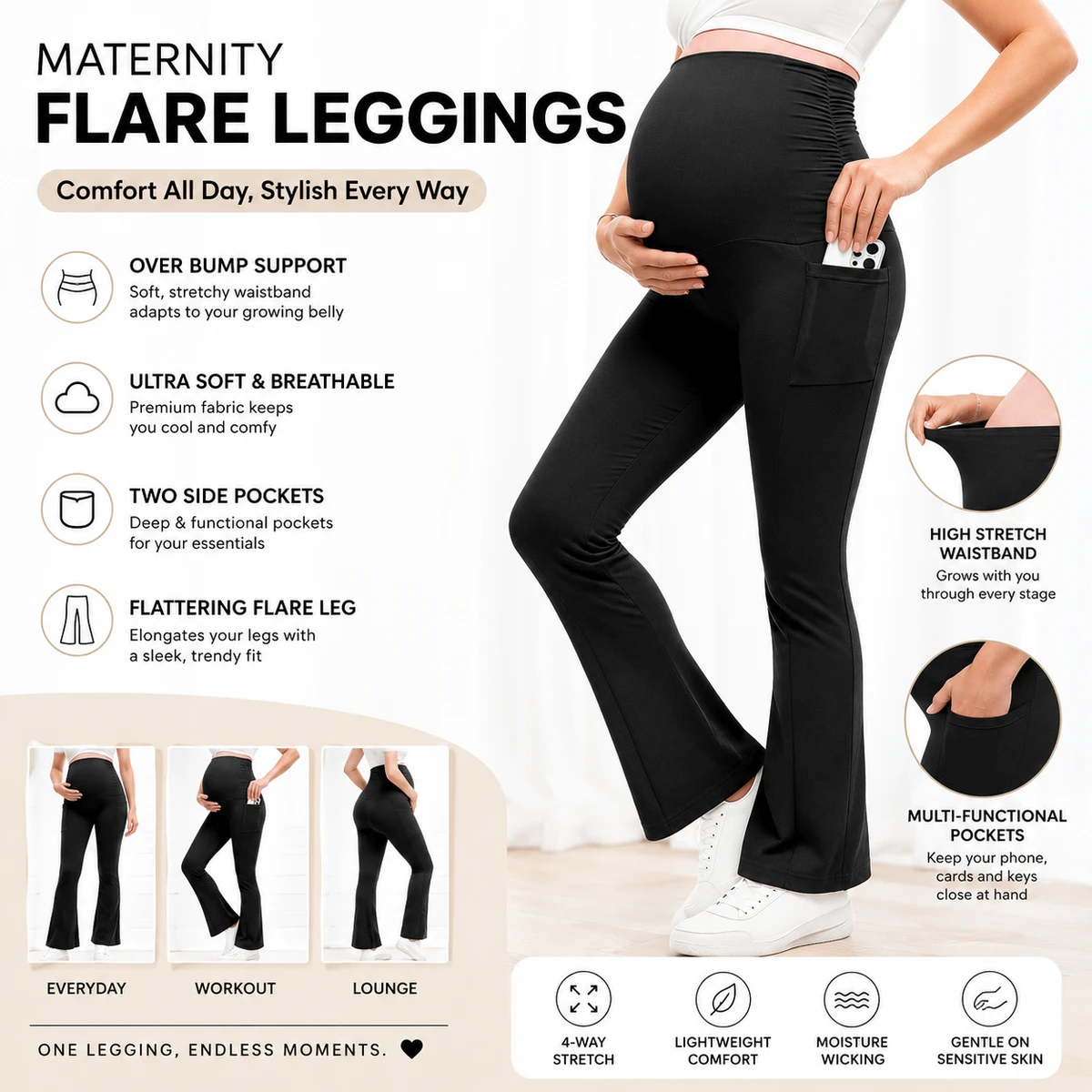 Maternity High-Waisted Tight Bootcut Full-Length Wrinkle-Resistant Pants Solid Color Stretch Yoga Side Double-Pocket Pregnancy