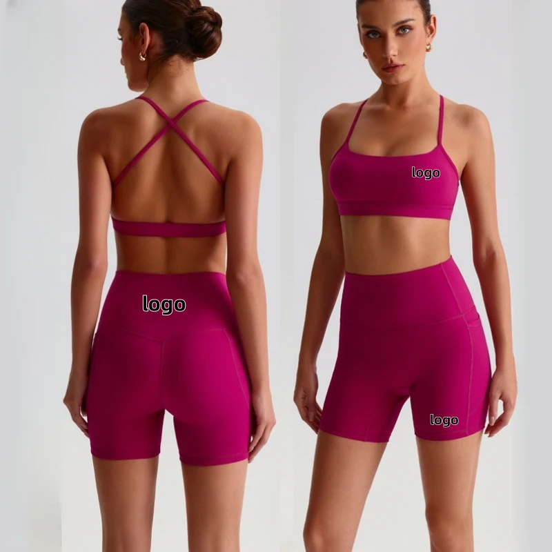 Nude Feeling Quickly Dry Yoga Fitness Wear Sets Cross Strap Bra High Waist Pocket Shorts Gym Training Running Sportwear 2pcs Set