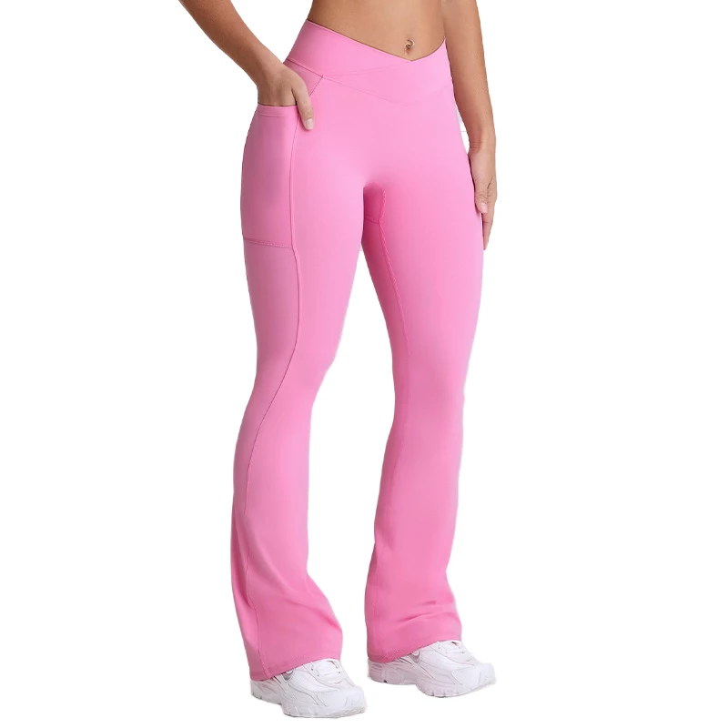High-waisted Yoga Flare Pants with Quick-dry Side Pockets, Elastic V-cut, and Solid Print for Gym Workouts