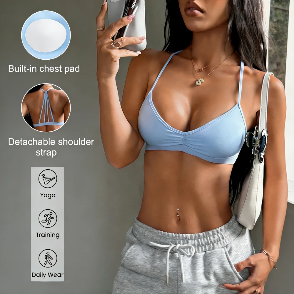 Custom Women's Halter V Neck Sports Bra Removable Pads Ruched Front Medium Support Yoga Bra for Workout Daily Wear