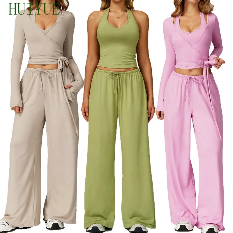 New Trendy Women Nude Feeling Yoga Sports 3 Pieces Set Loose Sling Leisure Dance Yoga Clothing Gym Fitness Sets