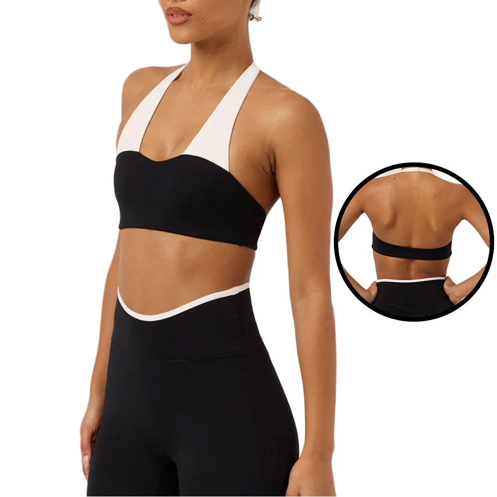 Women Halter Neck Color Block Sports Bra High Elastic Shockproof Quick Dry Breathable Yoga Gym Workout Fitness Top