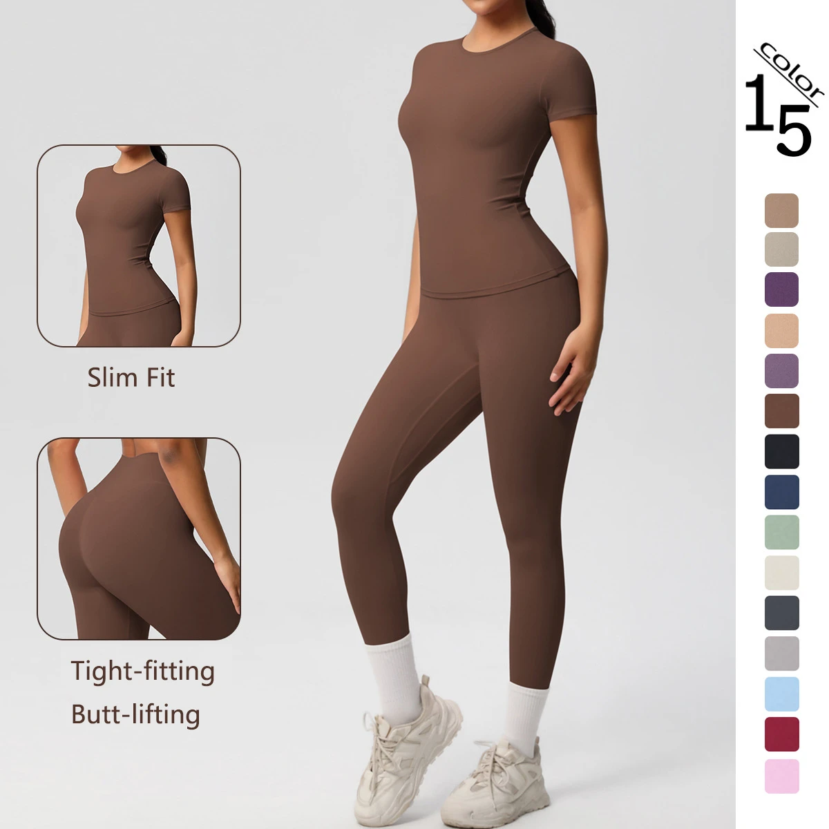 Women Solid Color Double Side Brushed Yoga Set Breathable Tight Fitness Sport Two Piece Outfit Running Yoga Wear