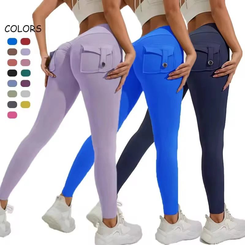 Women High Waist Cargo Yoga Workout Leggings with Pocket Scrunch Tummy Control Butt Lifting Tights Fitness Gym Pants for Running