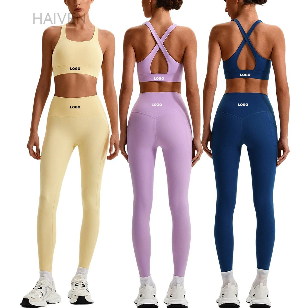 New Summer Crisscross Strappy Sports Bra High Waist Yoga Pants With Pockets Women Sexy Gym Fitness Two Piece Activewear Set