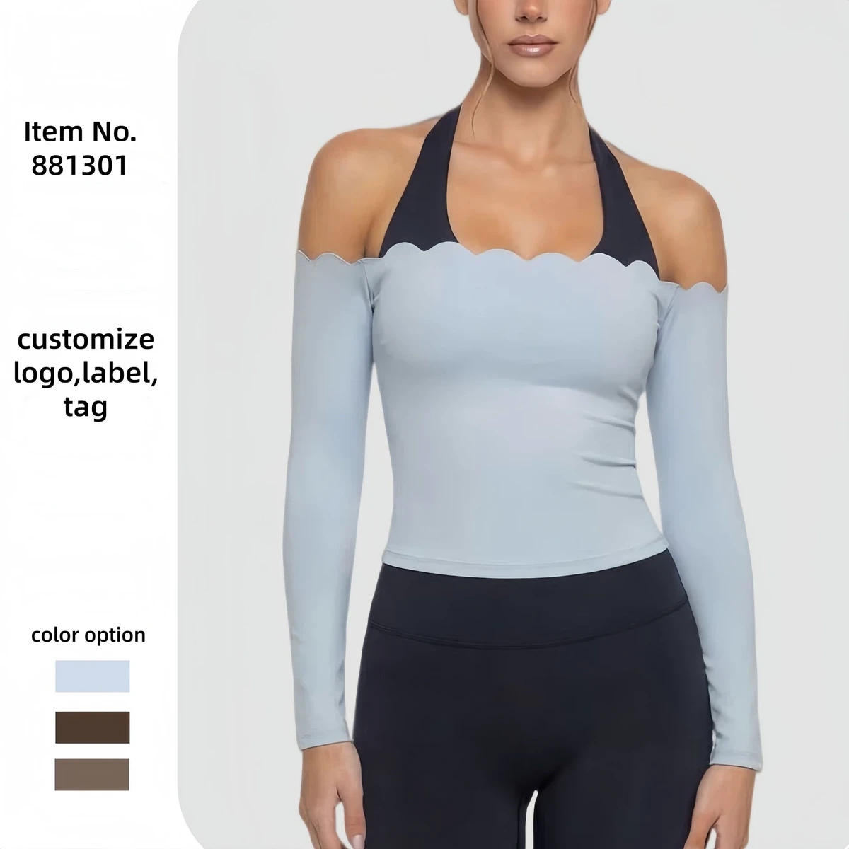 Breathable Off-Shoulder Halter Fitness Yoga Suit Women 2 Pieces Workout Gym Clothes Color Block Scallop Active Wear Set