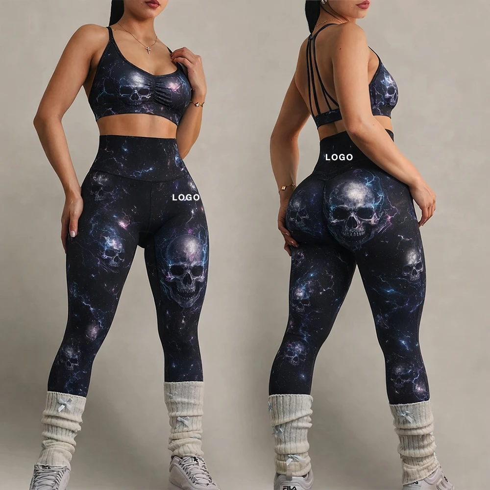 Wholesale Women's Fitness Active Wear Soft Quick-Dry Sports Workout Clothing 4-Way Stretch Two Piece Printing Yoga Leggings Sets