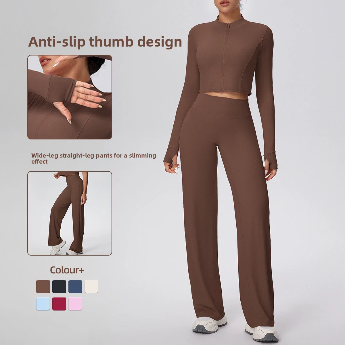 TongJoes Solid Yoga Sets Jacket Double-Sided Brushed Breathable Elastic Waist Front Wide-Leg High-Waist Full Length 2-Piece