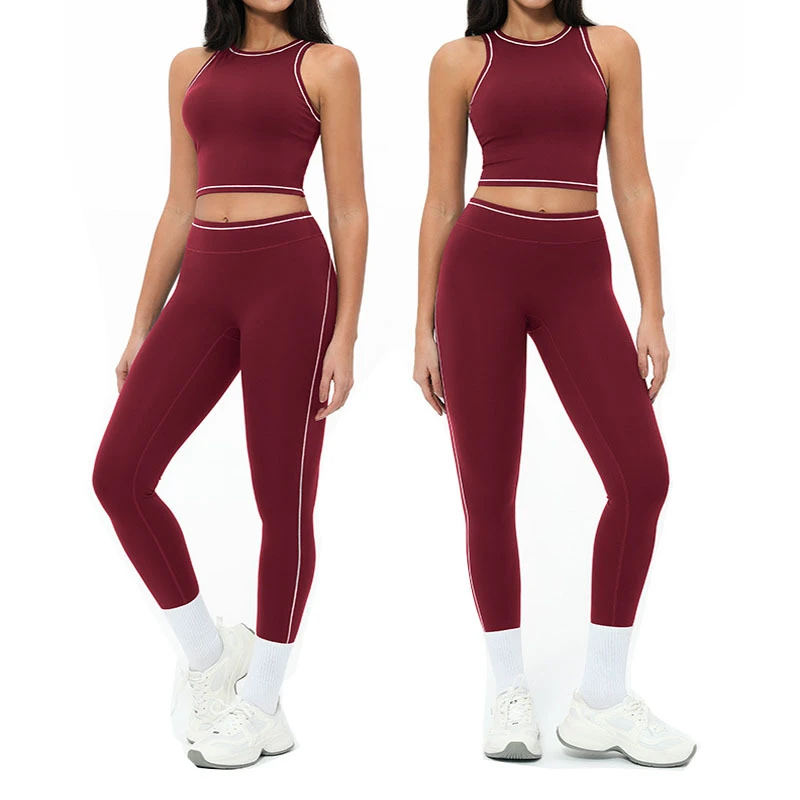 Women's Nylon Yoga Breathable Compression Quick Dry Elastic High Waist Four-Way Stretch Slimming Two-Tone Tank Top Leggings Set