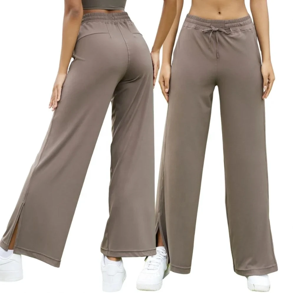 Women's High Waist Wide Leg Pants Solid Color Drawstring Loose Fit Casual Full Length Knitted Spandex Polyester Trousers