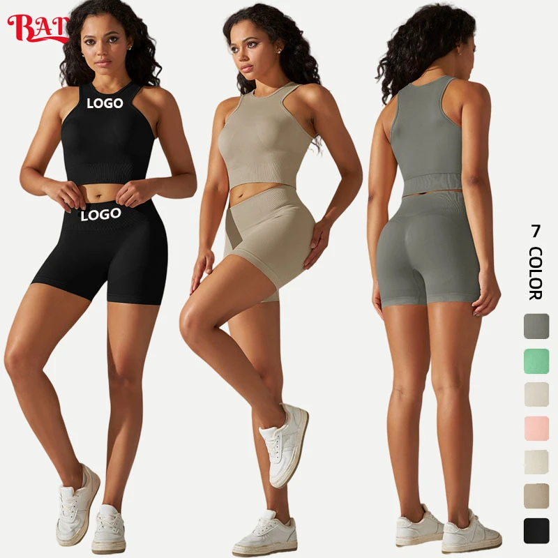 Custom Logo Yoga Suit Including Crop Top Vest and Hip-lifting Shorts Two Pieces Set Sports Workout Gym Fitness Active Wear