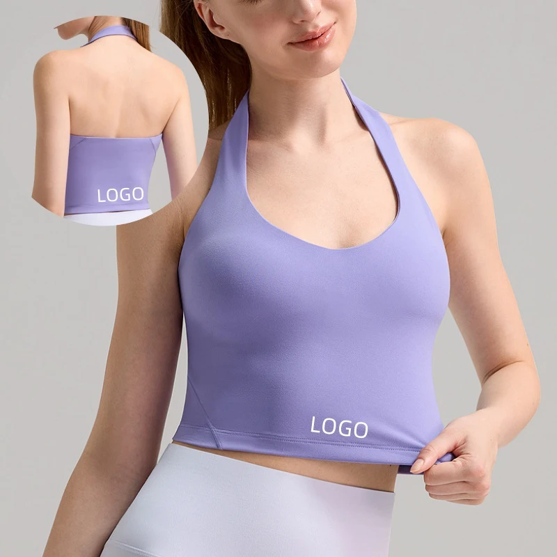 Aoyema Custom Women Hanging Neck U Neck Halter Backless High Support Breathable Vest Detachable Chest Pad Yoga Gym Fitness Bra