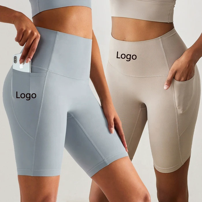 Women High Waist Impact Soft Yoga Fitness Gym Biker Athletic Tummy Control Workout Running Outfits Sport Shorts With Side Pocket