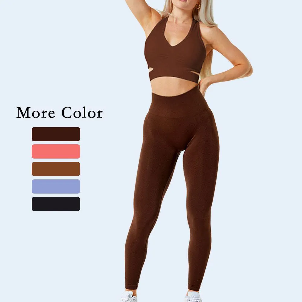 Custom Logo Women Sport Clothes Ladies Gym Fitness Active Wear High Waisted Pants 2 Piece Set Seamless Yoga Set