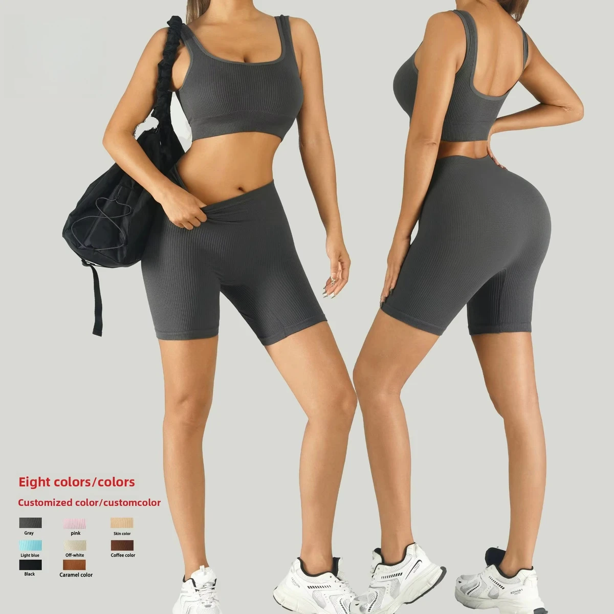 Outer Thread Tight Bra with Chest Pad Solid Yoga Suit High Waist Fitness Quick-drying Sportswear Sports Shorts 2-Piece Set