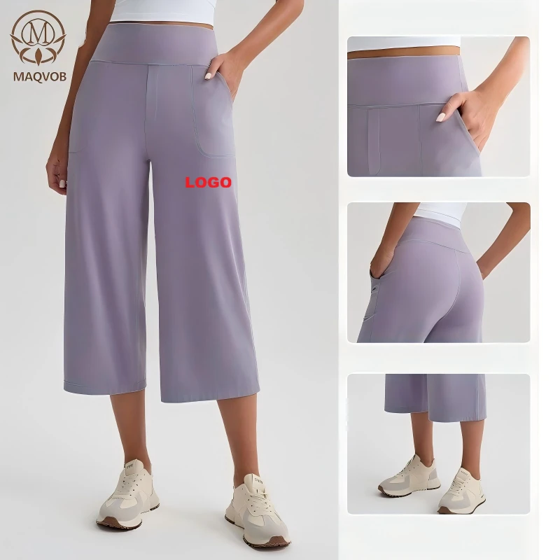 MAQVOB EU US Size Top Quality Factory Women Wide Leg Capri Pants Yoga Loose Straight Sports Workout High Waist Cropped Pants