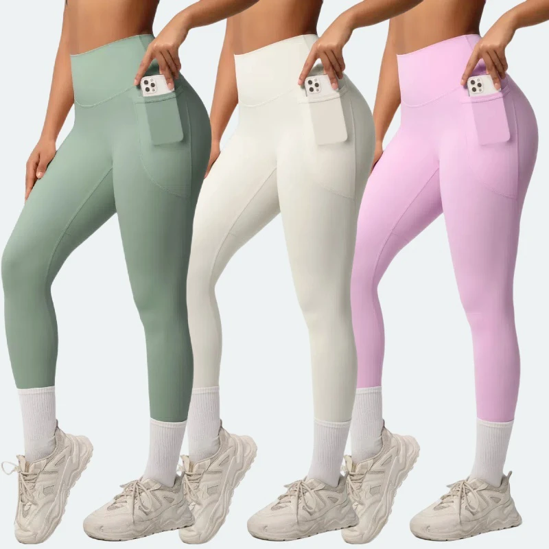 Yimo 10 Colors Pocket High Waist Yoga Leggings Lady Solid Color Gym Pants Female Quick Dry Workout Pants