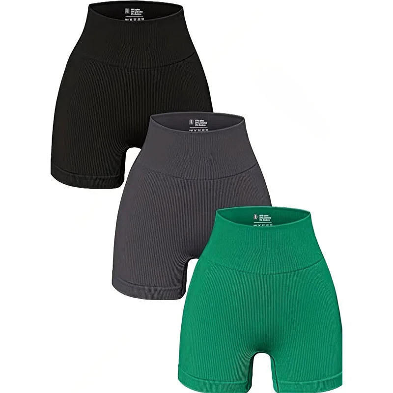 Women's High Waist Summer Sports Shorts Seamless Ribbed Hip Tight Yoga Fitness Pants Base Three-Point Biker Shorts Solid Pattern