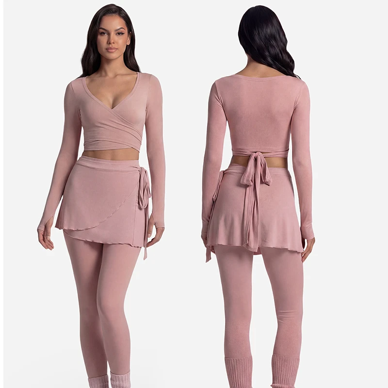 Summer Gym Yoga Clothing Set Solid Pattern Two-Piece Long Sleeve Wraps and High-Waisted Shorts Naked Feel Polyester/Nylon Women