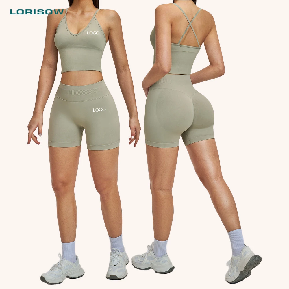 LORISOW High Waist Seamless Woman Scrunch Butt Two Pieces Sports Bra Yoga Short Fitness Shorts Gym Yoga Set