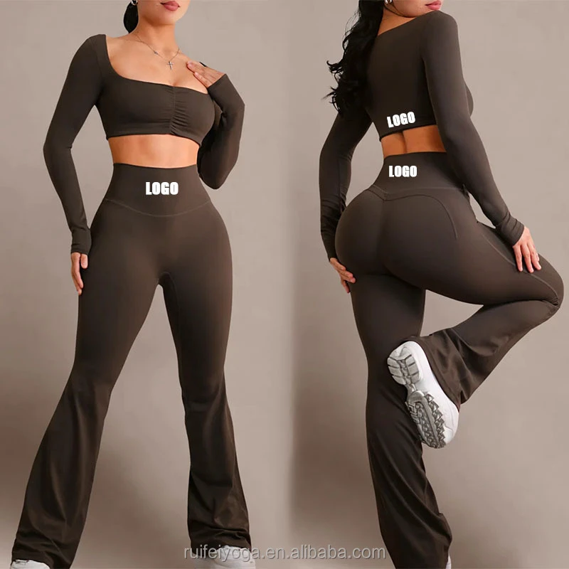 New Custom Logo Cropped Long Sleeve Sport Top High Waisted Workout Flared Leggings 2 Pieces Gym Fitness Women Yoga Sets
