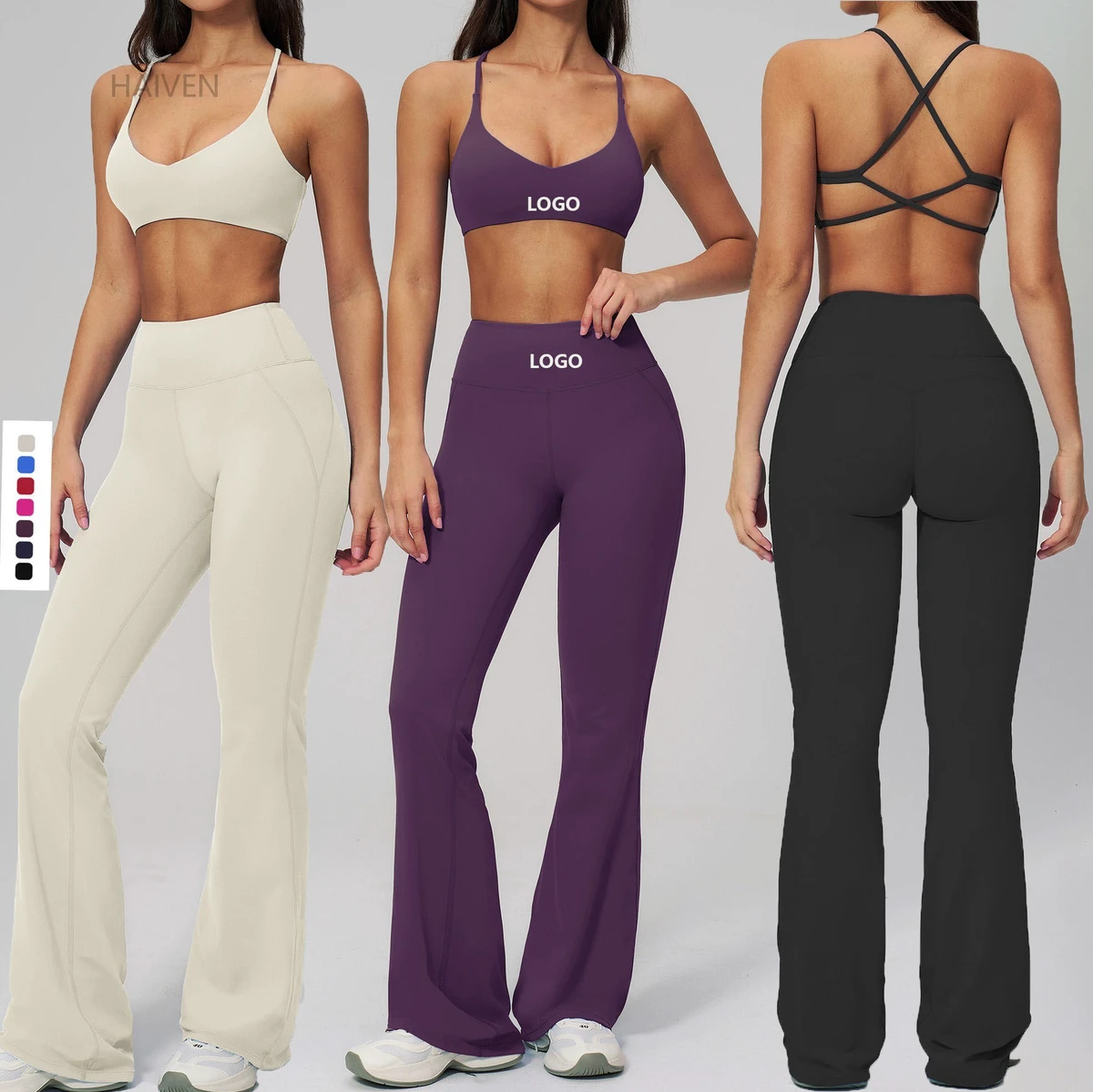 New Fashion Seamd Patchwork Yoga Set Brushed Fabric Criss Cross Back Sports Bra & High Waist Flare Leggings 2-Piece Outfit