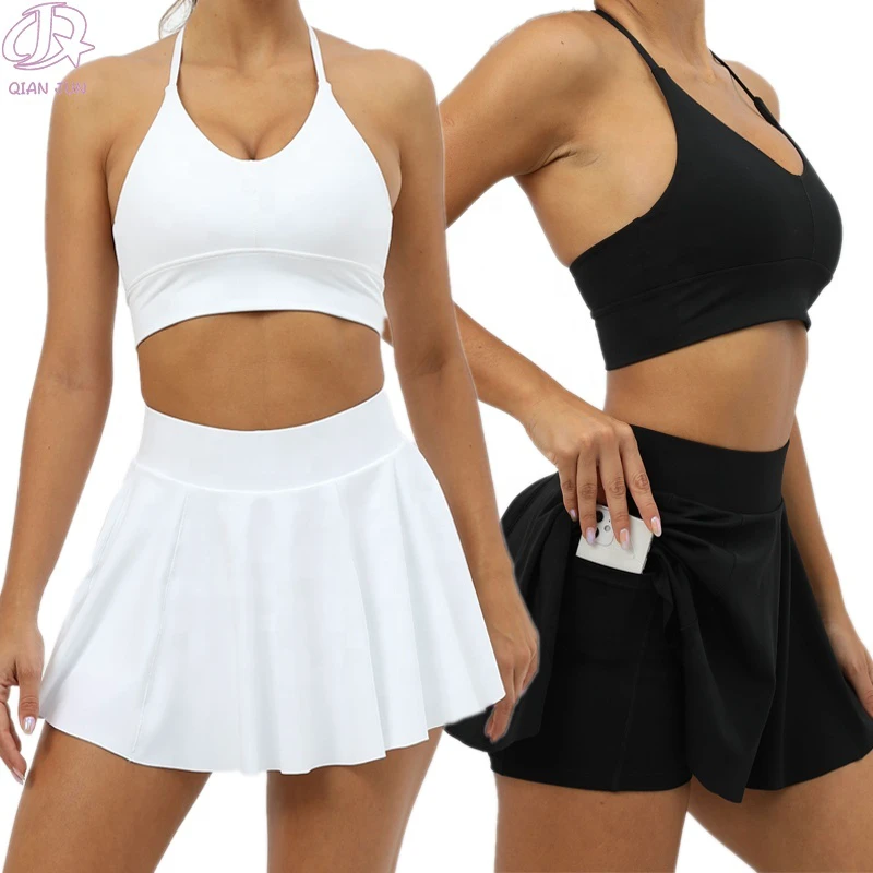Hot Sale Women's Yoga Running Fitness Clothing Set Quick Drying Active Wear Elastic Waist Sport Bra Skirts Sustainable Features