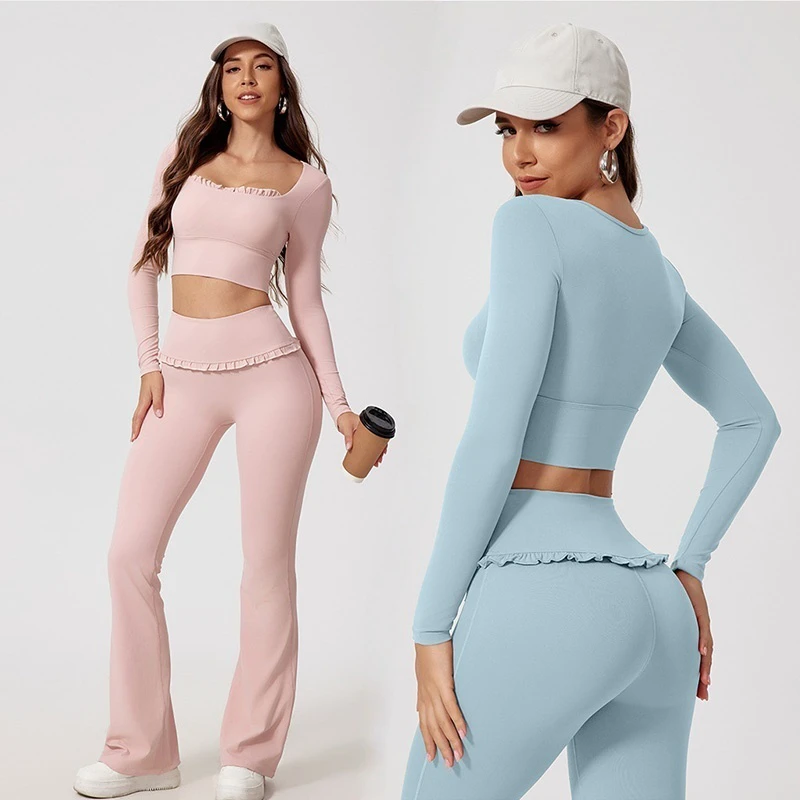 Seamless Square Neck High Waist Long Sleeve Yoga Set Women Nude Feel Quick Dry Running Fitness Sports Wear Suit