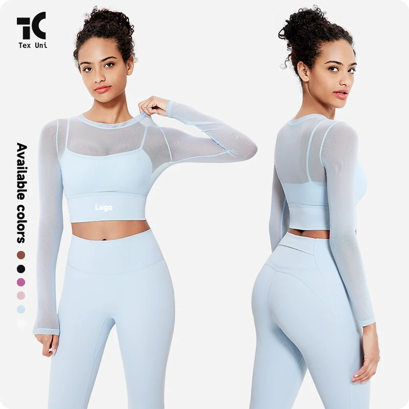 Yoga Wear Long-Sleeved Mesh Layer Soft Running Quick-Drying Sports Bra One-Cup 2pcs Fitness Wear Breathable Slim Fit Sports Top