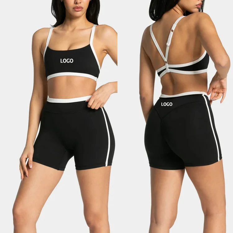 OEM Athletic Clothing Ladies Gym Fitness Sports Workout Yoga Activewear Women Active Wear 2 Piece Contrast Shorts Sports Bra Set