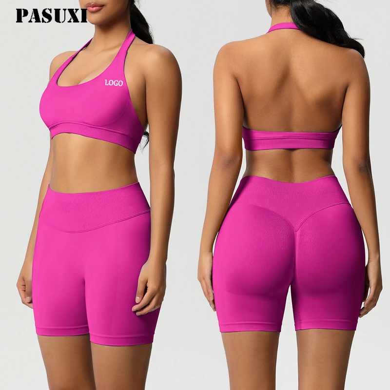 PASUXI 2026 Women New Arrivals Solid Seamless Activewear Fitness Gym Set Custom Logo Scrunch Butt V Back High Waist Shorts Yoga