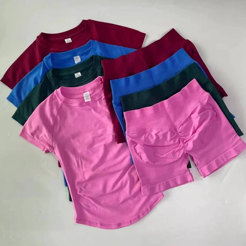 Women's Yoga Set 2-Piece Outdoor Fitness Short Sleeve & Shorts Elastic Waist Breathable Quick Dry Eco-Friendly