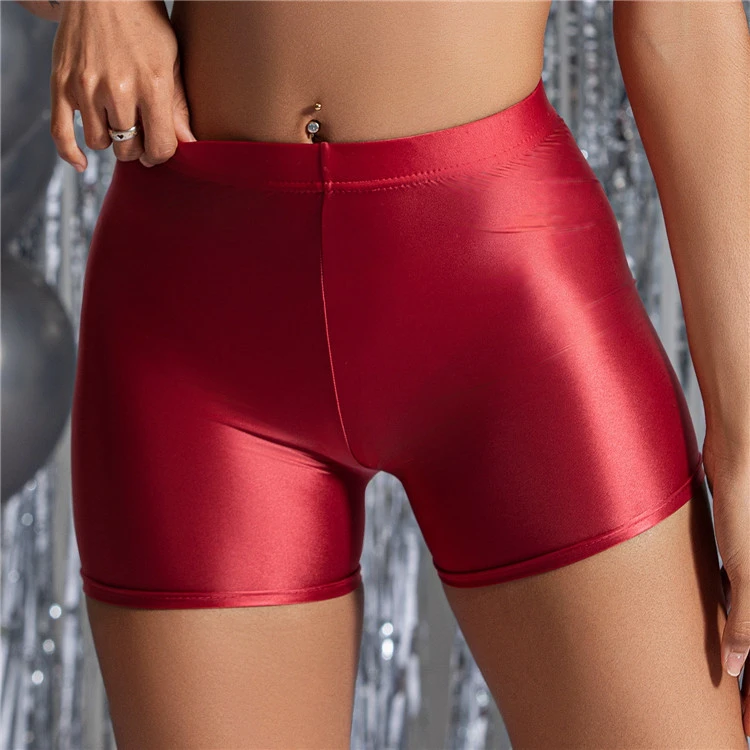 Womens Sexy Glossy Oiled Tight Athletic Shorts Tight High Waist Casual Elasticity Yoga Smooth Sports Shorts