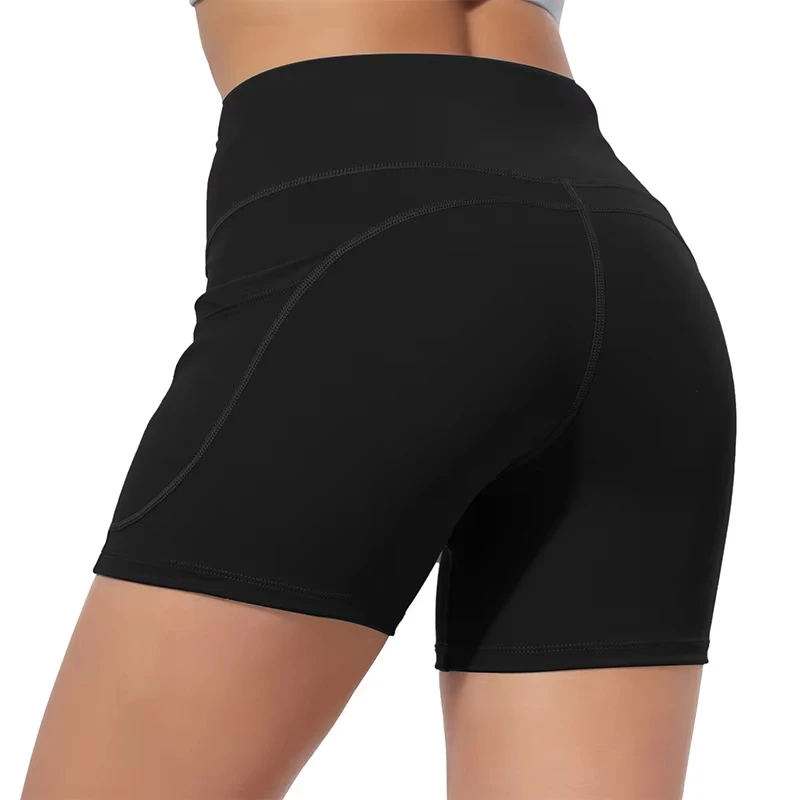 Solid Color Seamless High Waisted Tight High Elastic Yoga Shorts With Pockets Sports Running Fitness Yoga Pants for Female