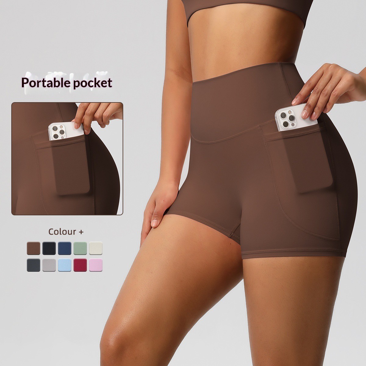 Brushed Solid Color Pocket High Waist Skinny Stretchy Breathable Nylon Spandex Board Shorts Yoga Shorts Sports Running Fitness