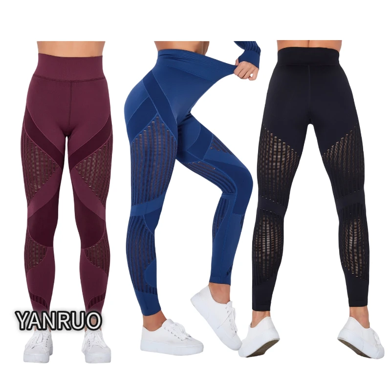 High-Waist Seamless Knitted Breathable Quick-Drying Yoga Fitness Pants Hip-Lifting Full-Length Spandex/Nylon Solid Leggings