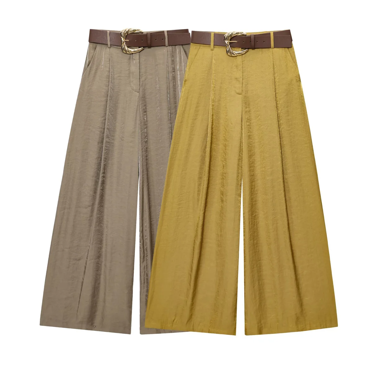 PB&ZA Women's 2025 Summer Vintage High Waist Trousers New Fashion Casual Wide Legs Silk Satin Texture Female Vintage High Waist