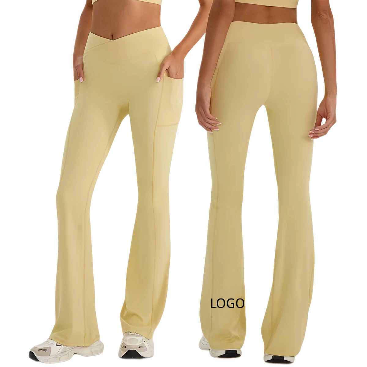 Women's High Waist Four-Way Stretch Eco-Friendly Fitness Leggings Tummy Control Flared Hem Front V-Shaped Design-Yoga Sportswear