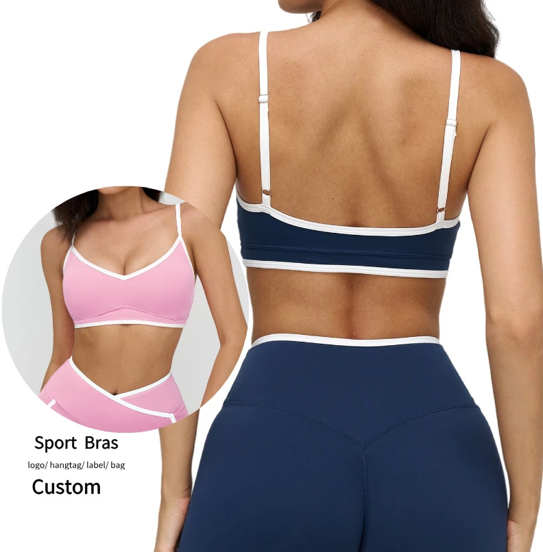 Women's High Support Contrast-Color Nude-Feel Sports Bra with Adjustable Straps Front Logo Yoga Bra V-Neck for Running Fitness