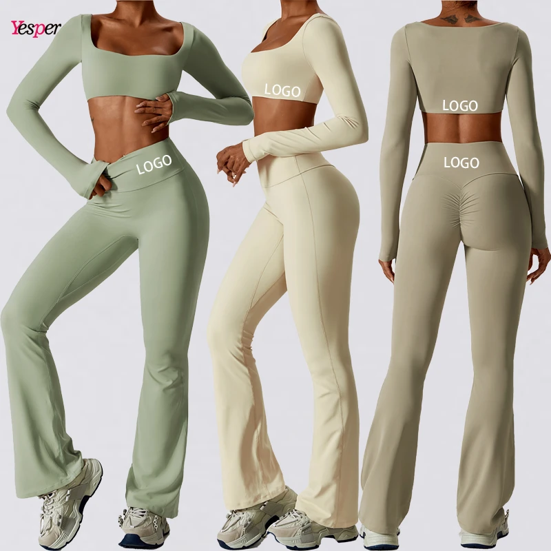 Square Neck Long Sleeve Solid Gym Crop Top High Waist No Front Seam Yoga Flare Pants Sets Nylon Women's 2pcs Quick Dry Four-Way