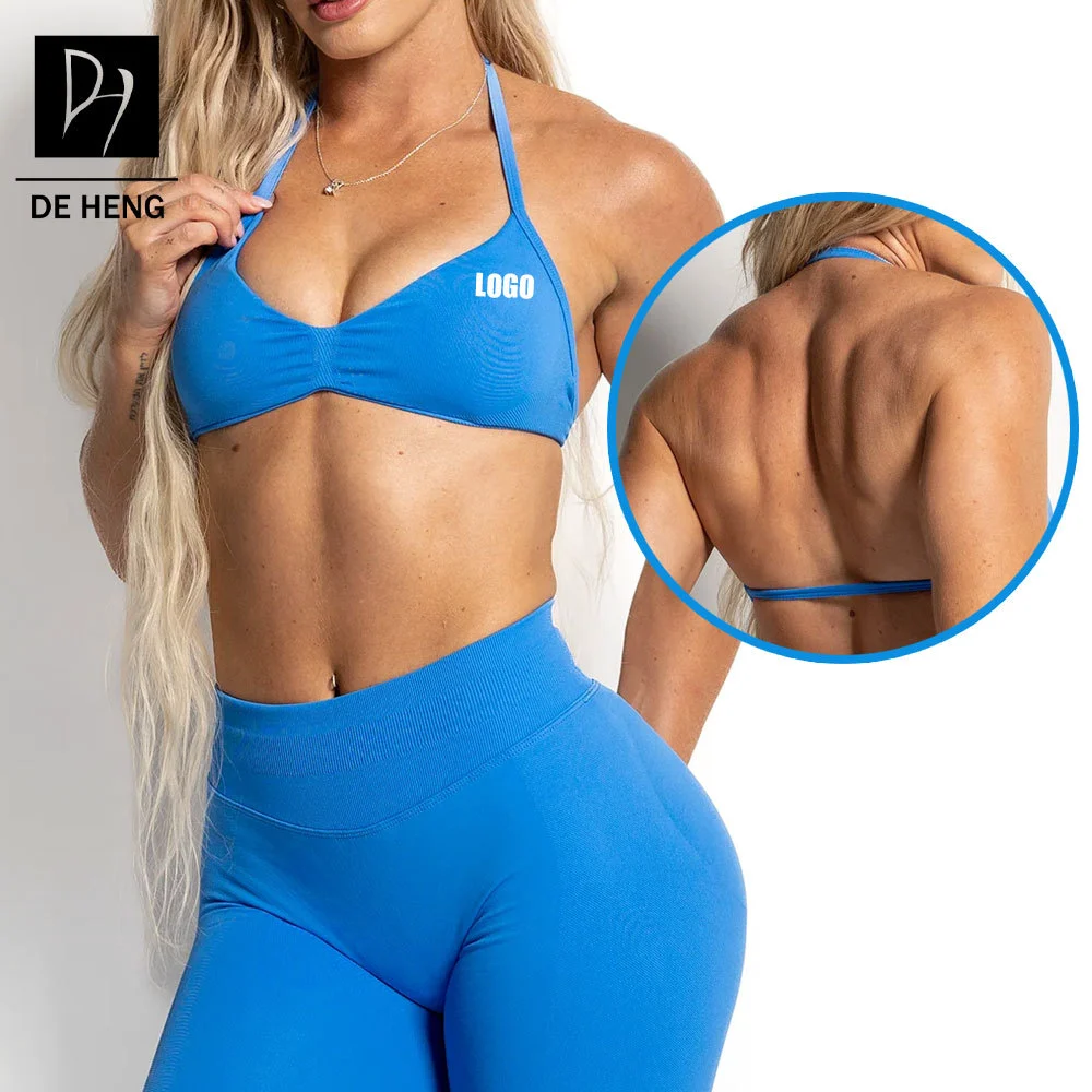 Custom High Quality Plus Size Yoga Crop Top Seamless Lightweight Halter Backless Padded Sports Bra for Women
