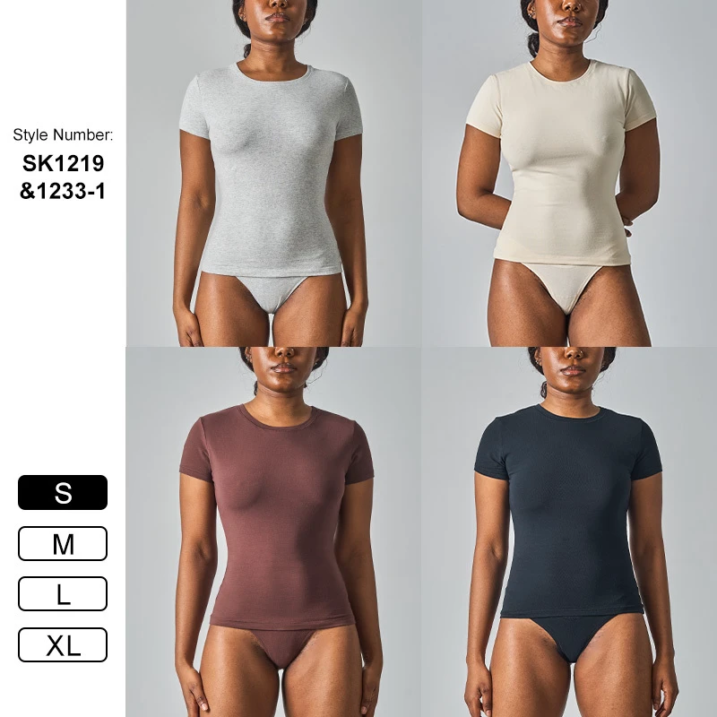 SK1219&SK1233-1 Women Two Piece Short Sleeve T Shirts Crew Neck Slim Fit Matching Sexy Thong Yoga Suit