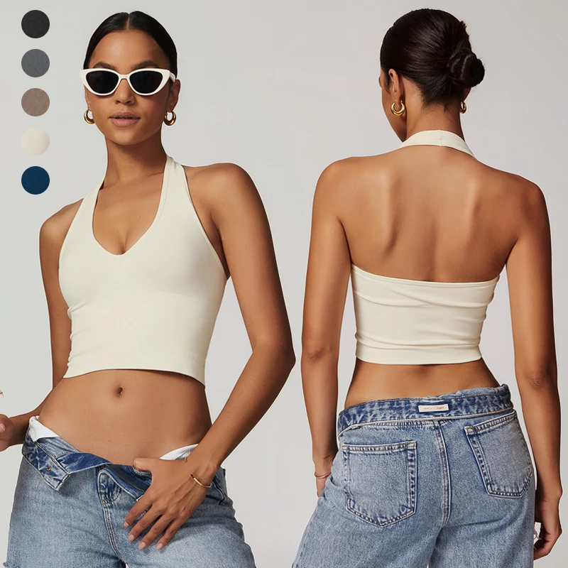 2026 Multiple Colors Breathable Seamless Halter Neck Sports Bra With Removal Pads Stretchy Fitness Yoga Gym Tank Top for Women